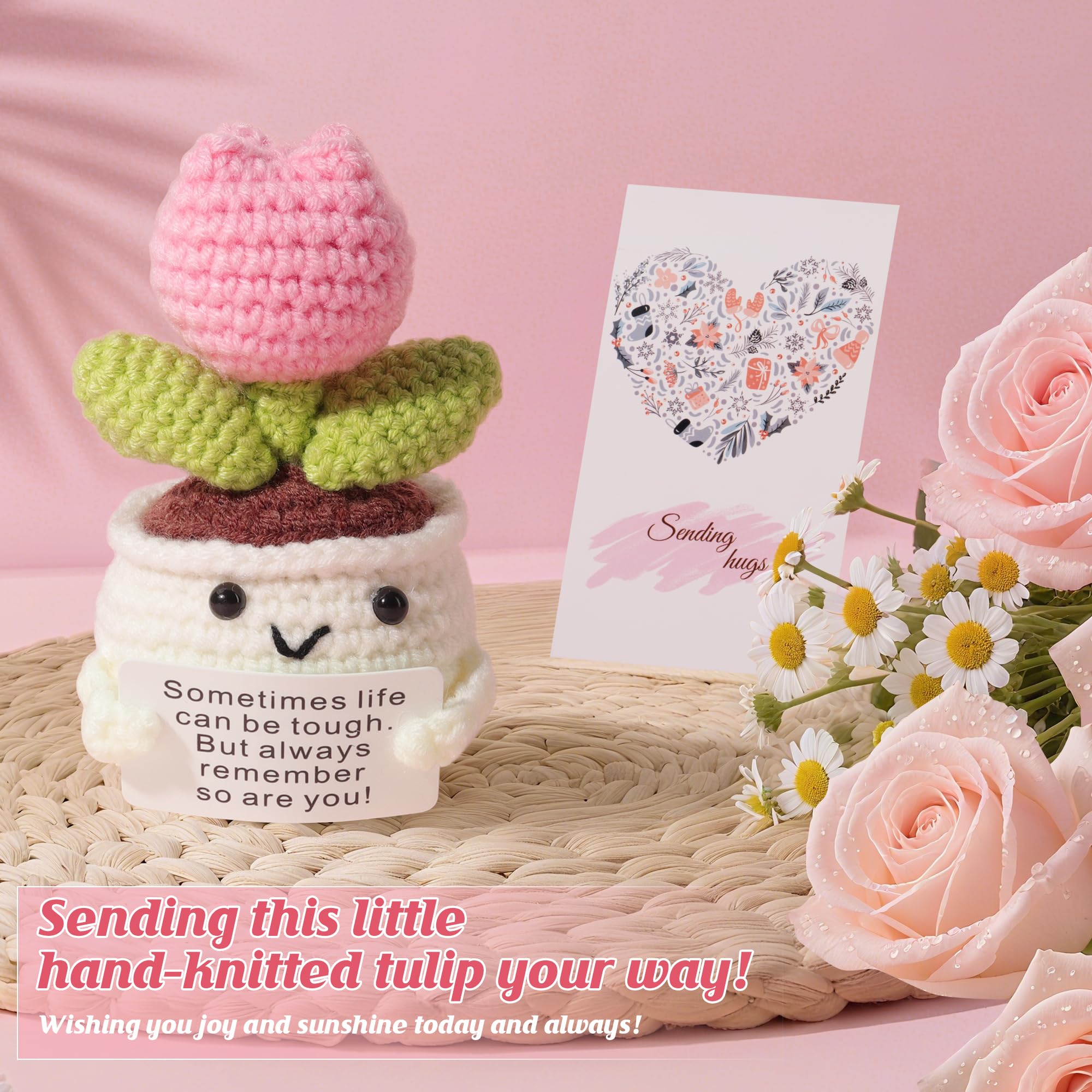 ENVTEK crochet tulips in gift basket, lasting cheerful decor for home.
