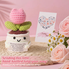 ENVTEK crochet tulips in gift basket, lasting cheerful decor for home.