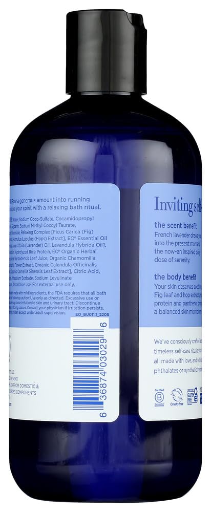 EO Bubble Bath Serenity lavender oil drops closeup suggesting aromatherapy-like relaxation.
