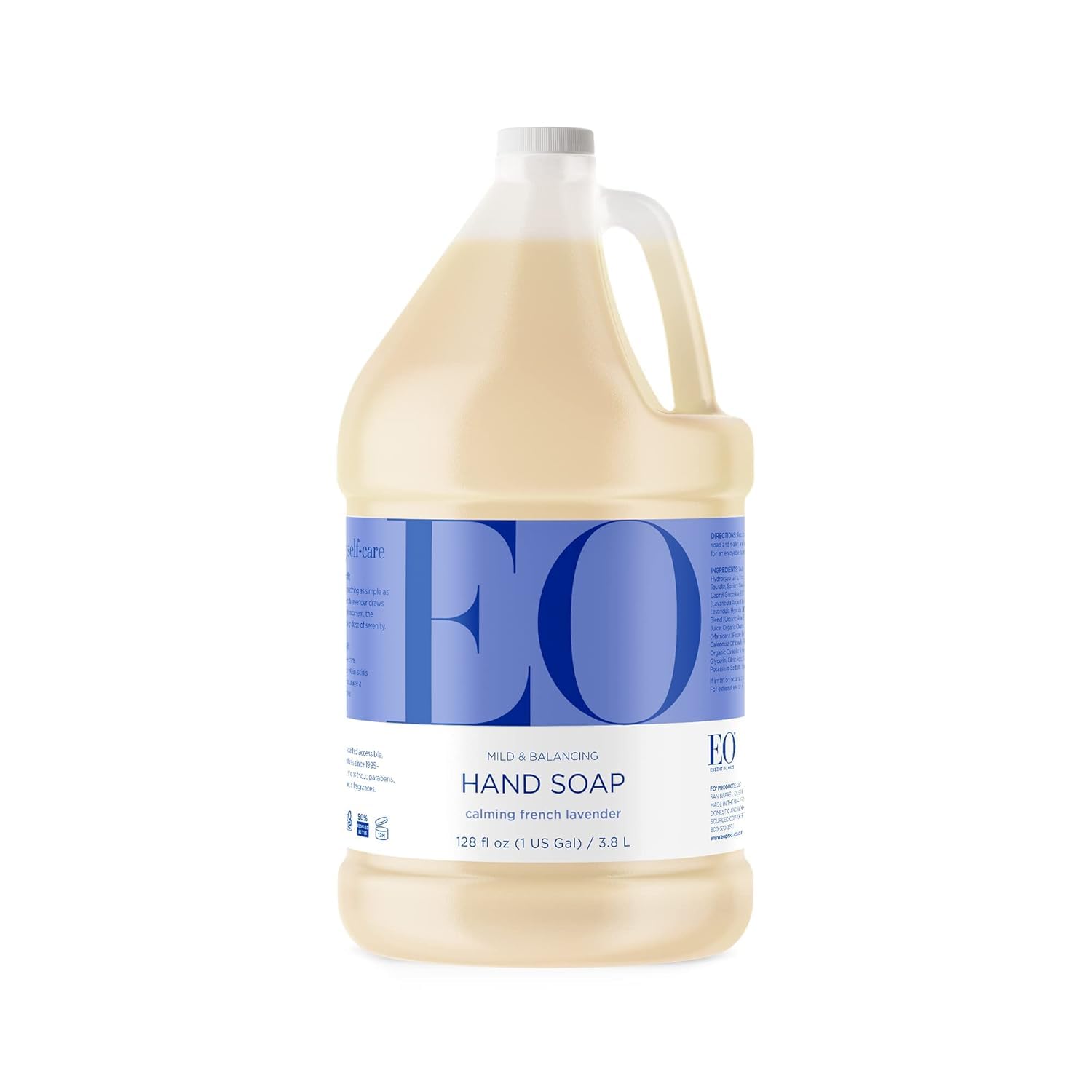 EO French Lavender liquid hand soap bottle highlights gentle cleansing in lavender scent.