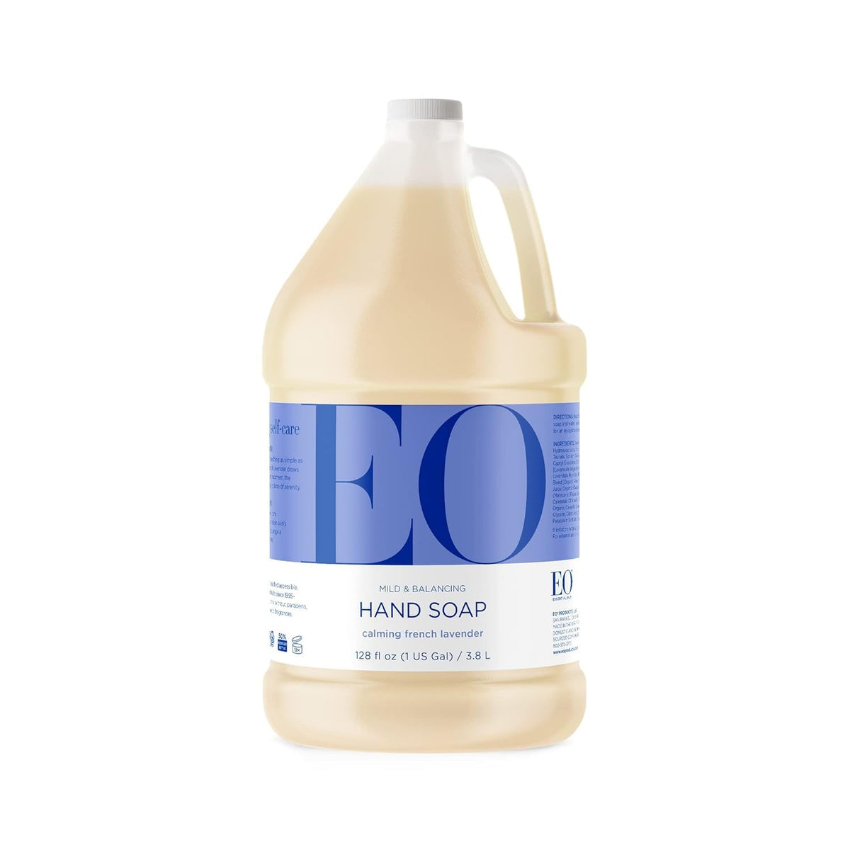 EO French Lavender liquid hand soap bottle highlights gentle cleansing in lavender scent.