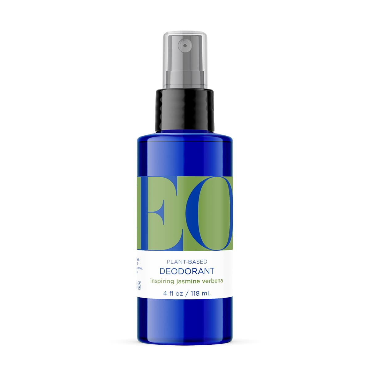 EO Jasmine Verbena Deodorant Spray bottle front shows brand logo for long-lasting freshness.