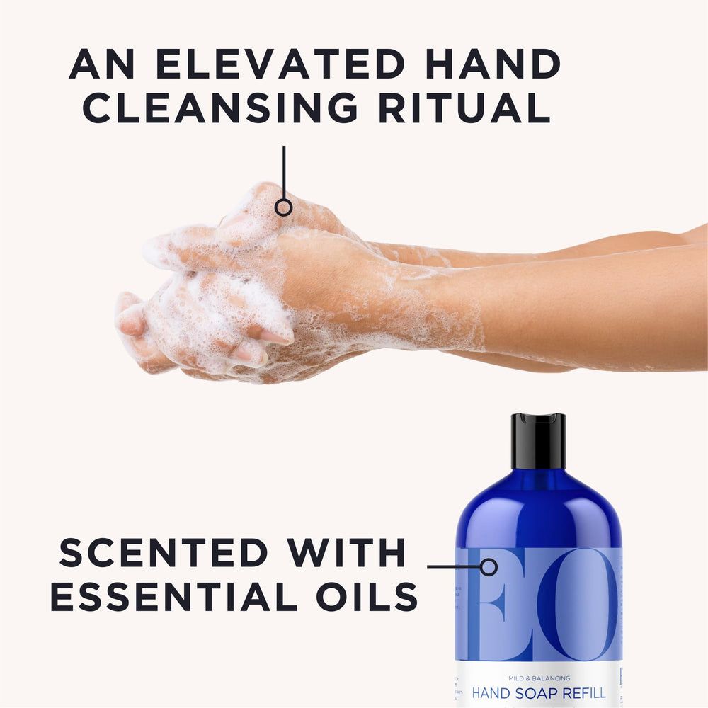 EO liquid hand soap refill lavender suds close-up showing rich lather and calming scent.