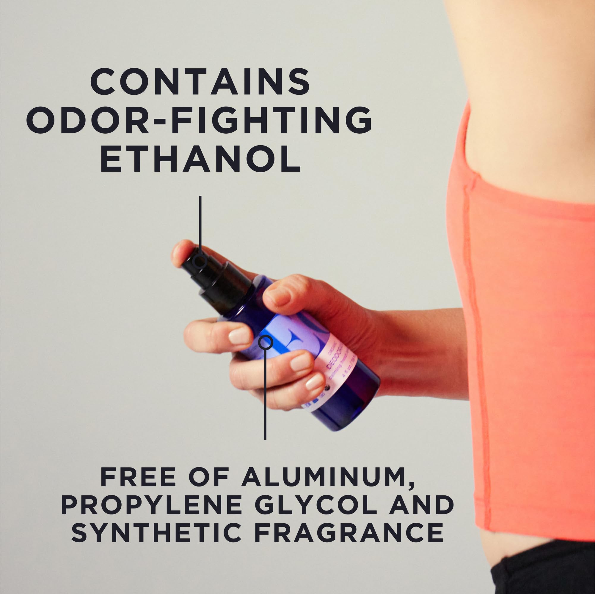 EO Organic Deodorant Spray Lavender mist application on underarm for odor control