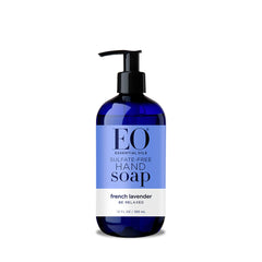 EO French Lavender hand soap bottle closeup with gentle foam