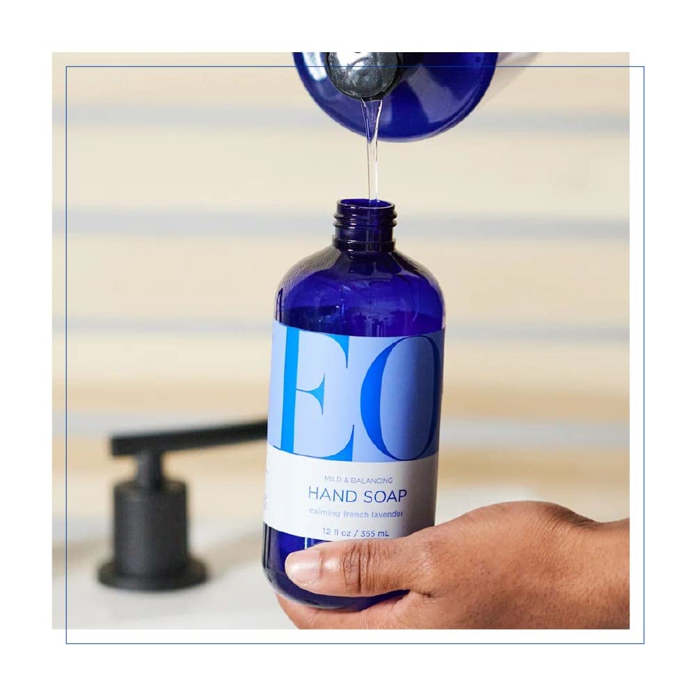 EO French Lavender soap bottle shows rich lather and aroma