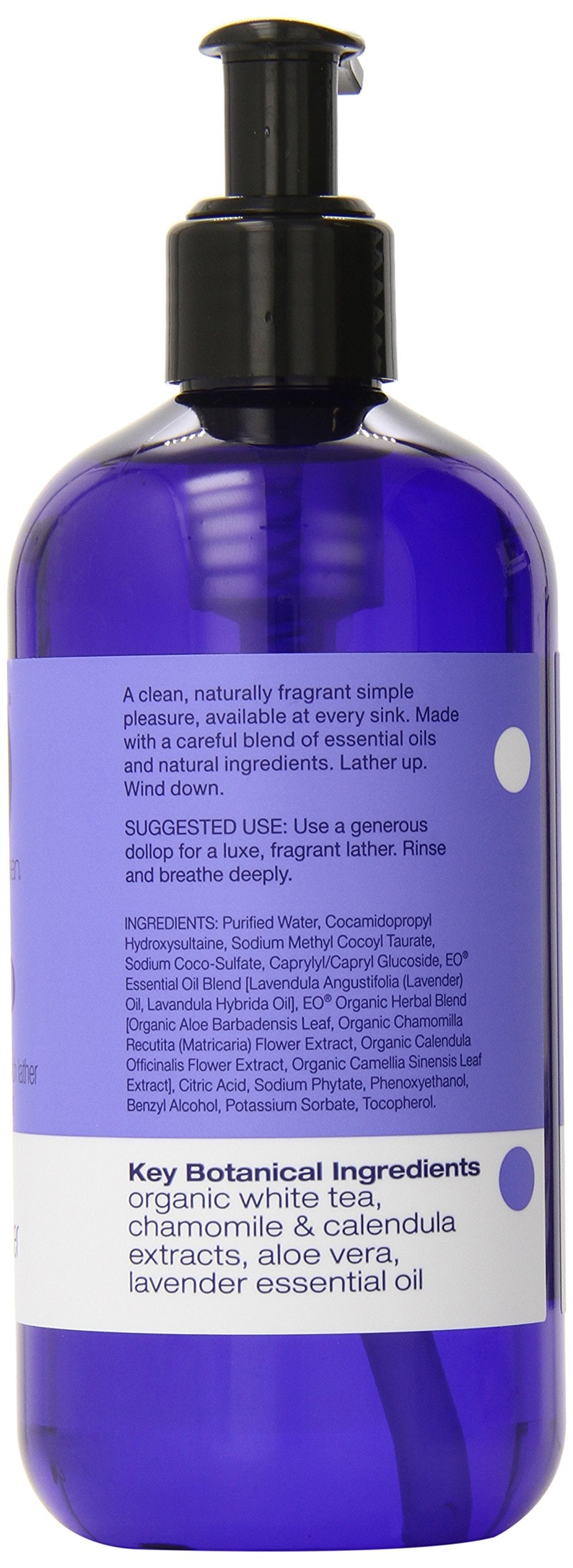 EO sulfate-free hand soap lavender label closeup highlights lavender essential oil and natural ingredients