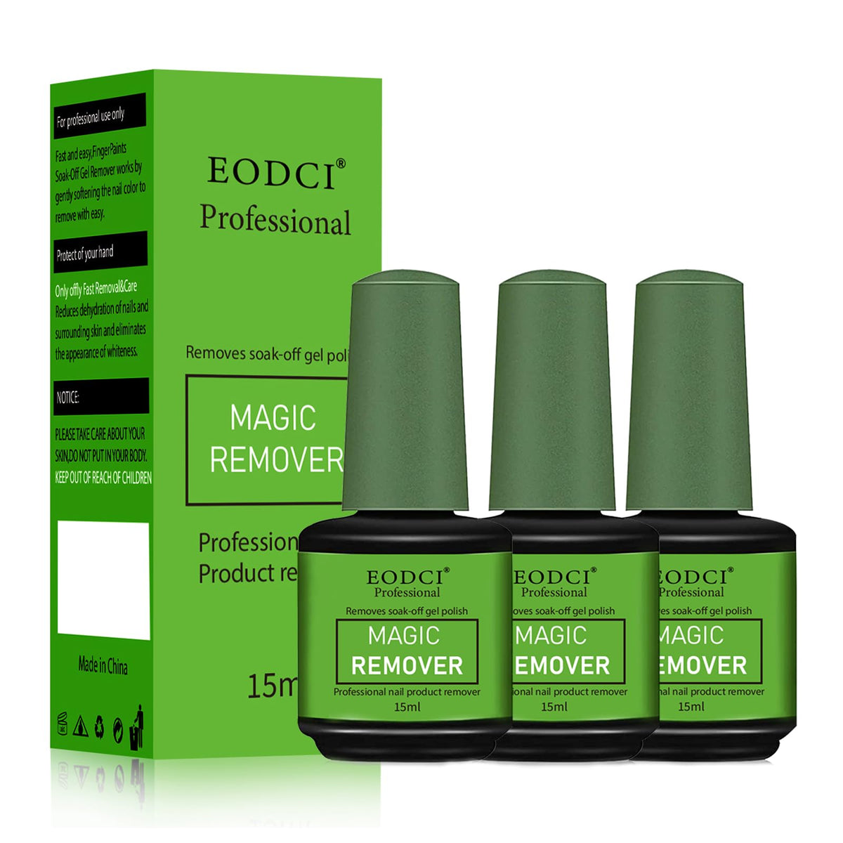 Eodci magic nail polish remover bottle close-up demonstrates fast gel removal