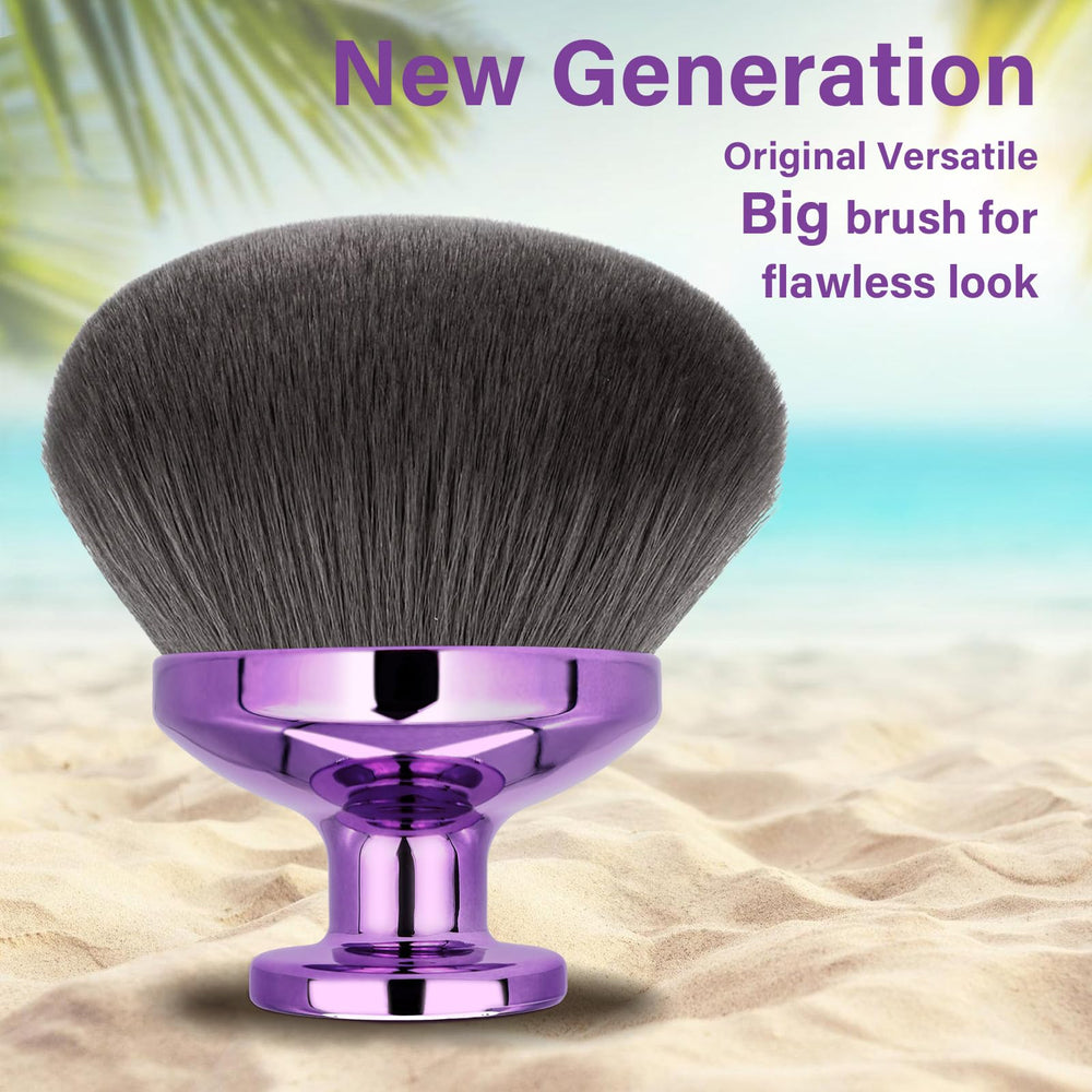 EOICCEOH kabuki brush with purple handle close-up for luxurious leg makeup.