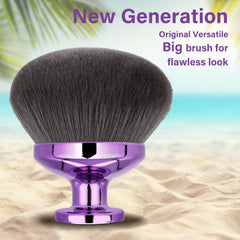 EOICCEOH kabuki brush with purple handle close-up for luxurious leg makeup.