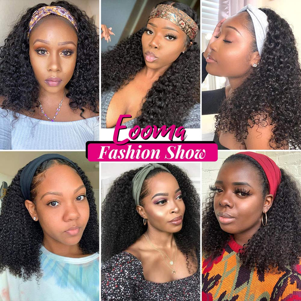 Eooma Curly Headband Wig packaging includes headbands and lashes for styling.