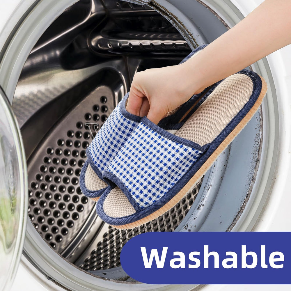 Eorbow corduroy-covered slippers designed for durable, washable home or travel use.