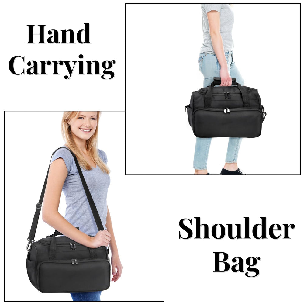 Eorbow travel bag shoulder strap and handles shows versatile, comfortable transport.