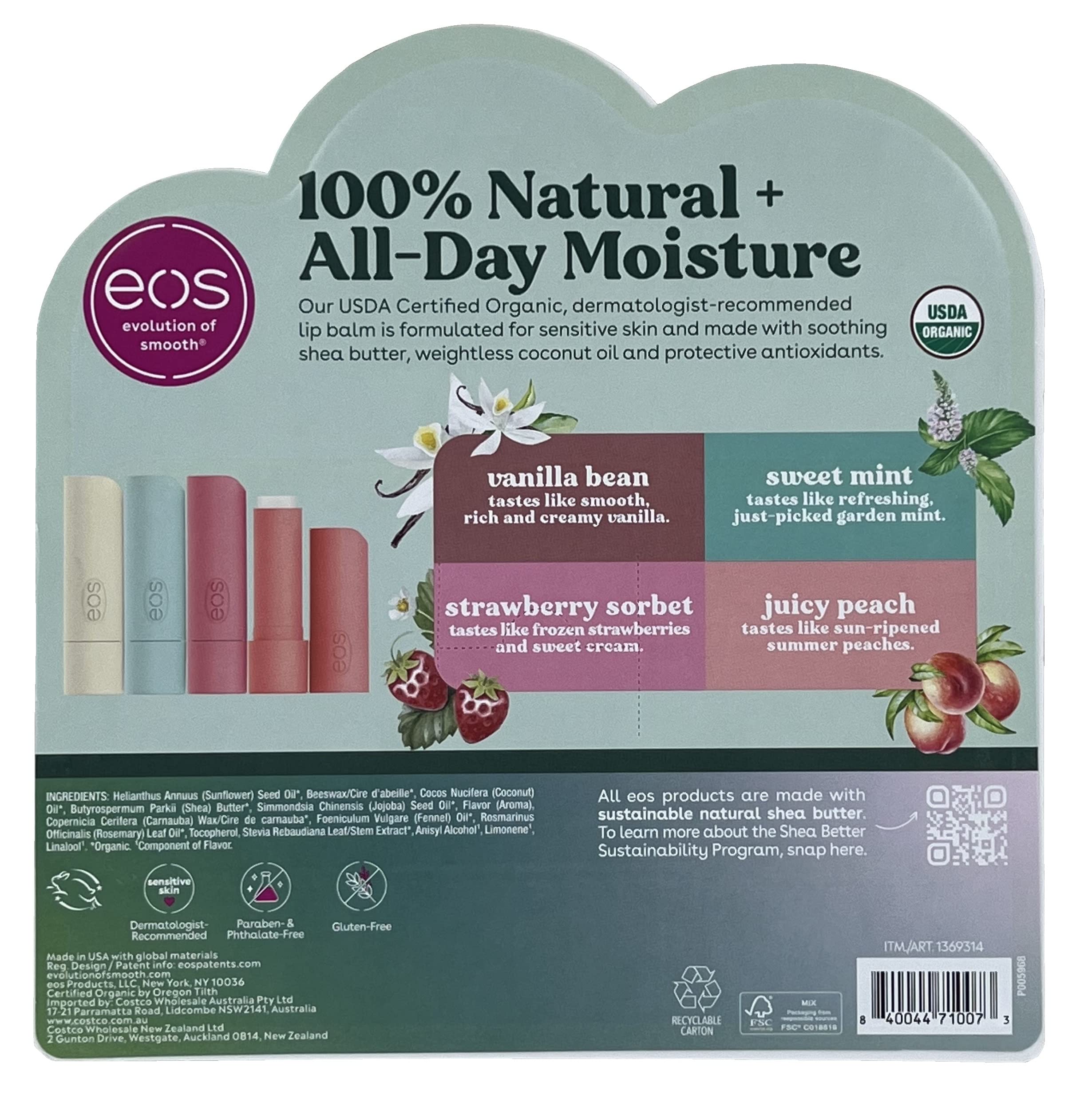 eos Best of eos Lip Balm Assorted Flavors Pack shows fruity options for on-the-go hydration.