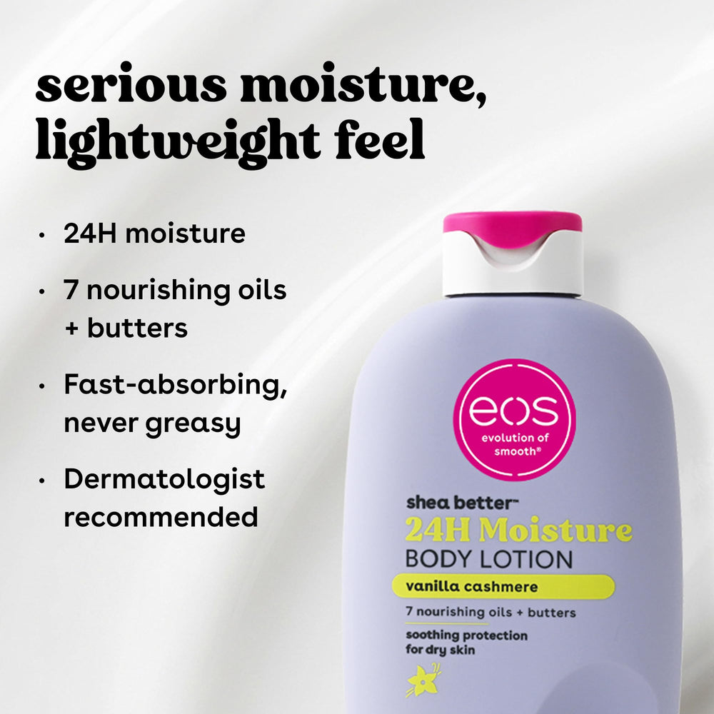 eos bottle beside ingredient icons emphasizing shea butter and oil blend benefit
