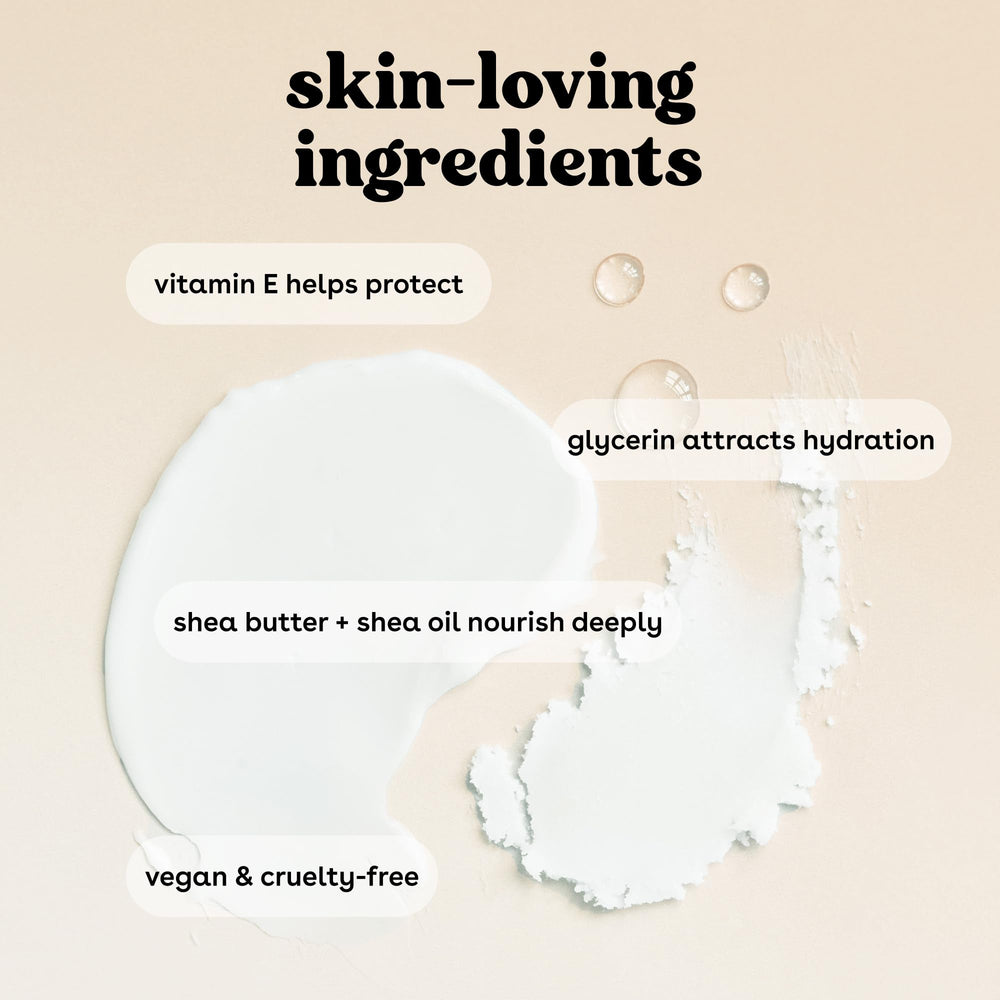 eos applying lotion on leg showing skin-softening and non-greasy finish benefit