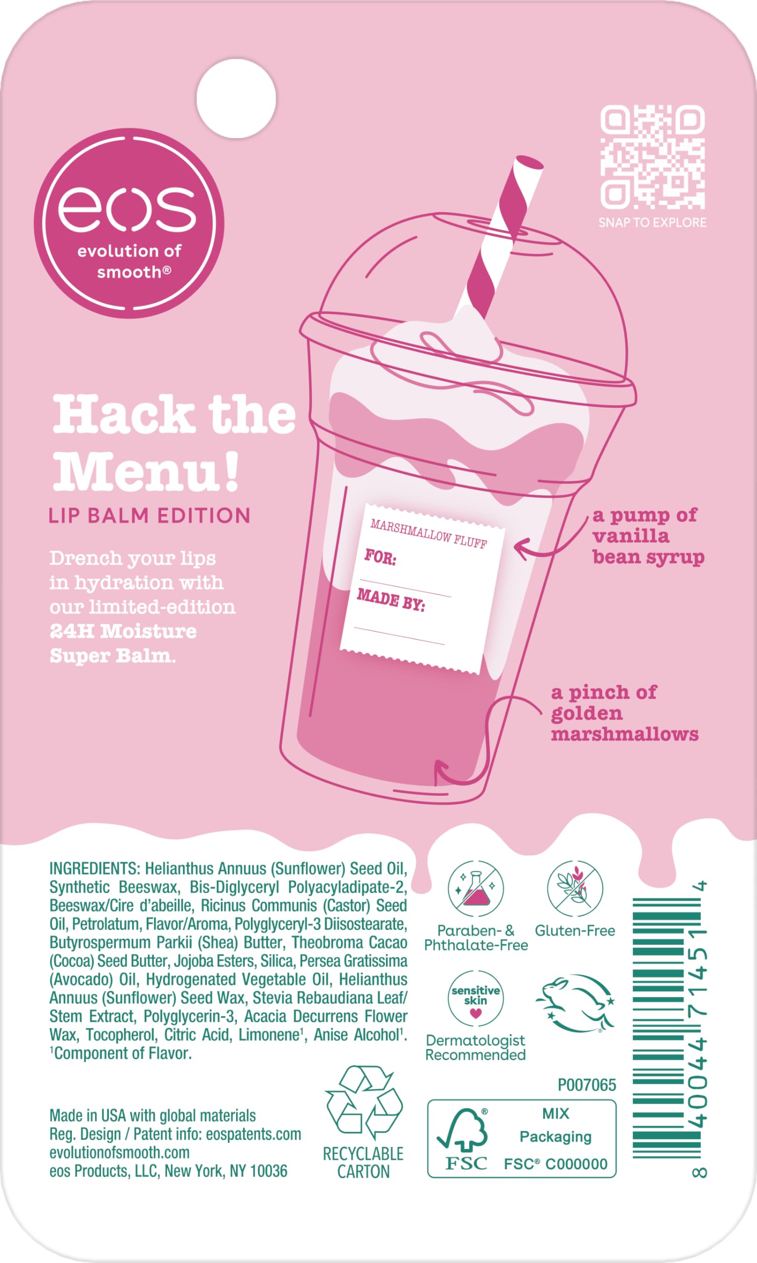 EOS Marshmallow Fluff in use demonstrates portable lip care on the go.