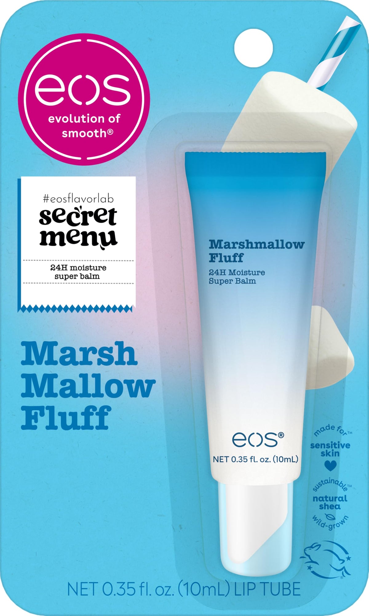 EOS Marshmallow Fluff Super Balm packaging highlights limited edition design for all-day hydration.