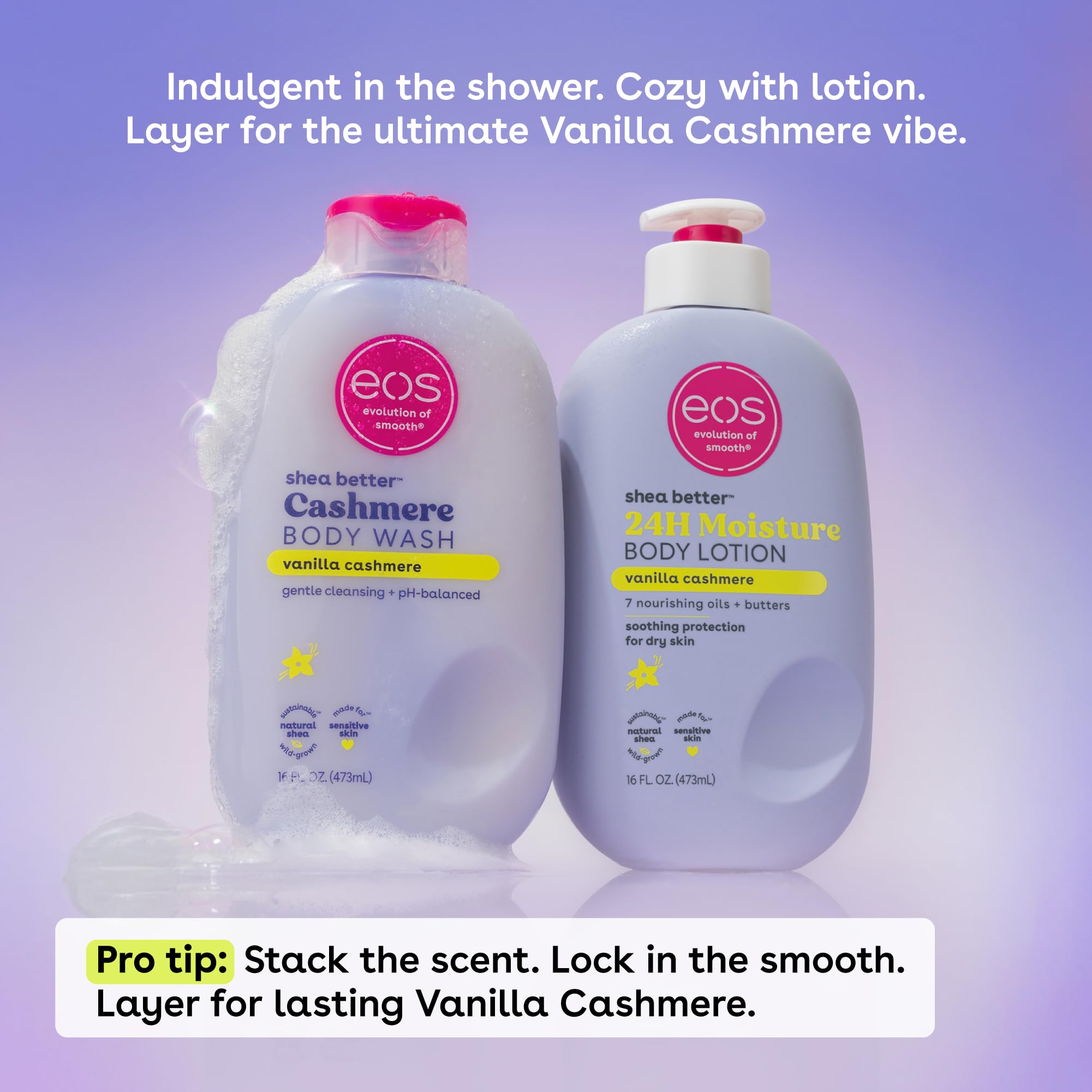 eos Shea Better Vanilla Cashmere on bathroom shelf signals daily pampering potential
