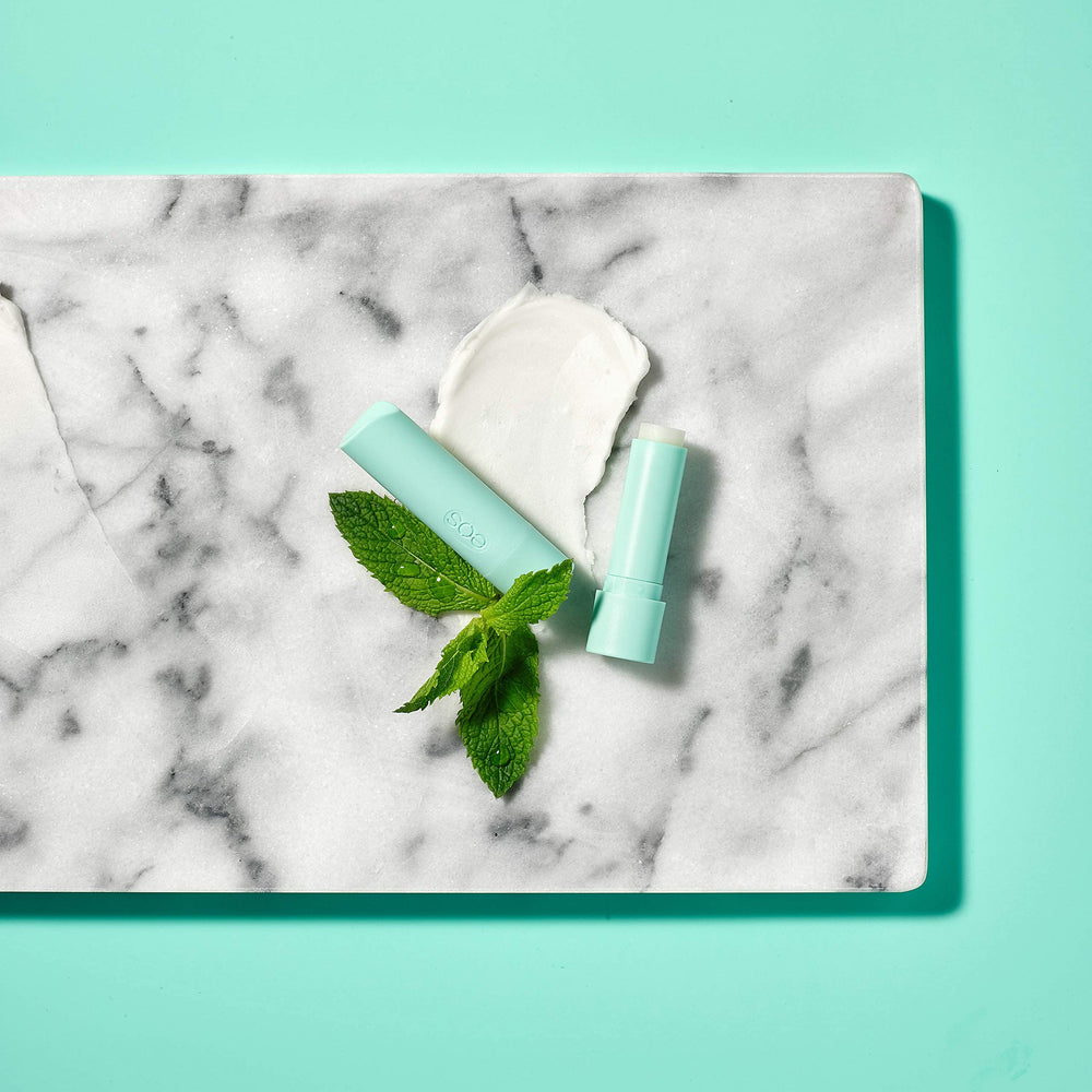 EOS Sweet Mint lip balm close-up highlights smooth texture for sensitive lips