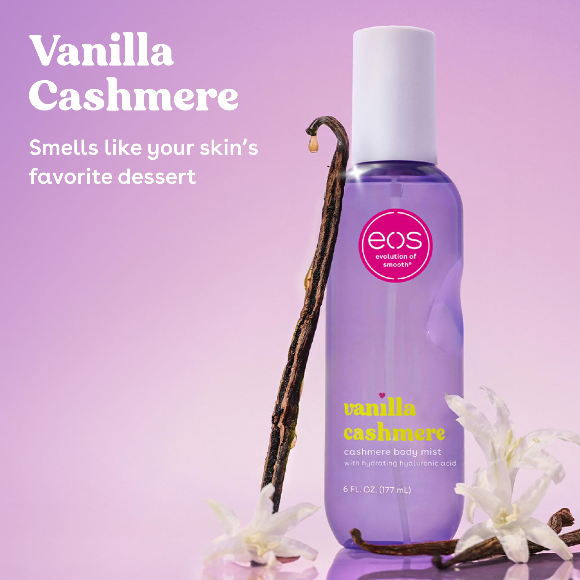 eos close-up label reading Vanilla Cashmere, clarifies scent notes and benefits