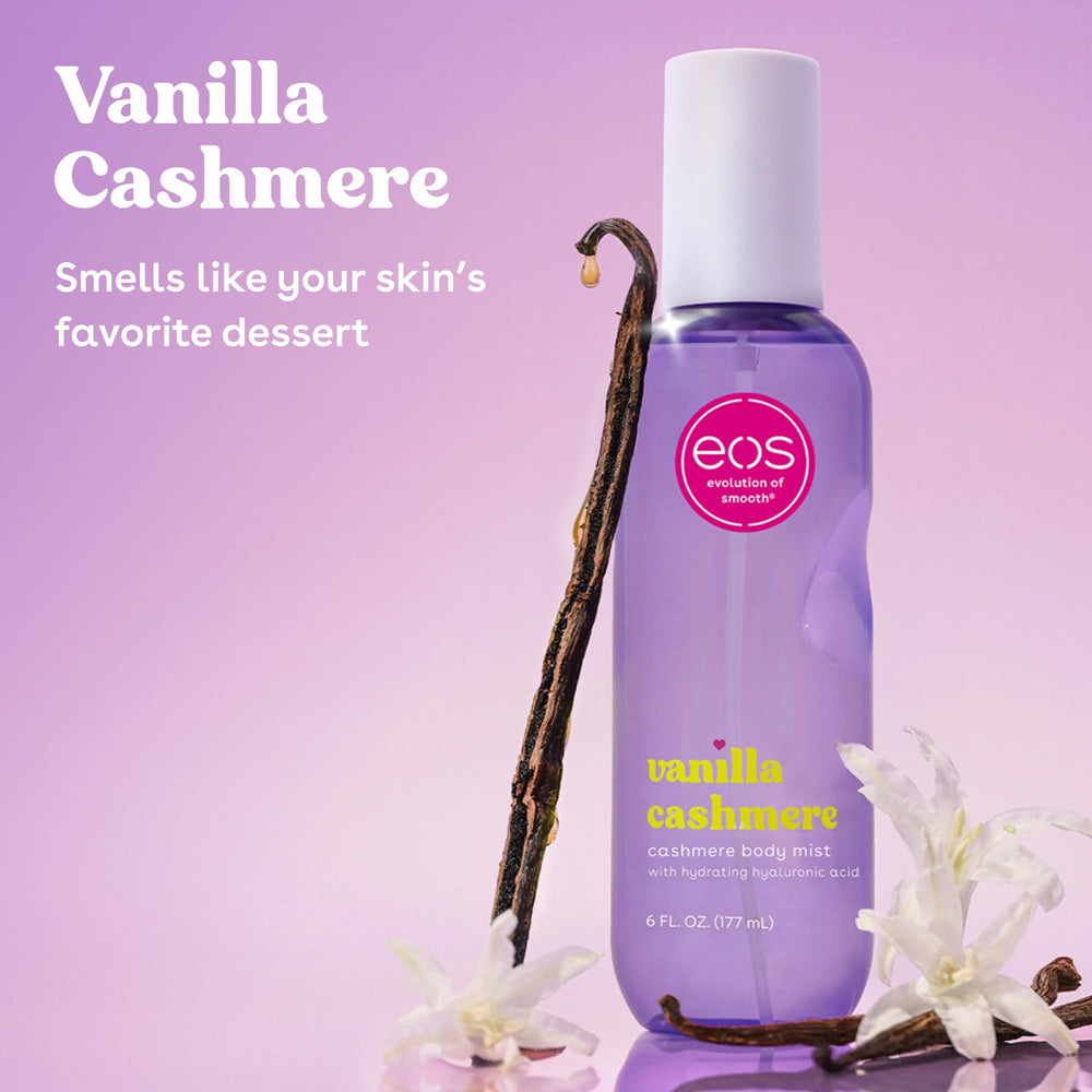 eos close-up label reading Vanilla Cashmere, clarifies scent notes and benefits