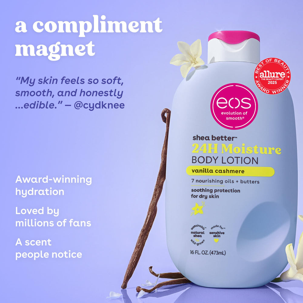 eos pouring lotion on hand showing smooth spreadability and immediate hydration benefit