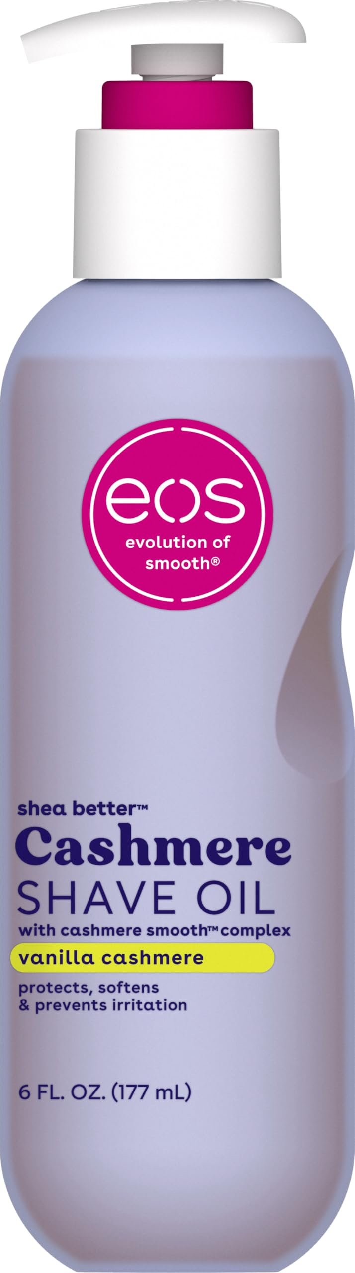 eos bottle front view showing Vanilla Cashmere shave oil and smooth finish