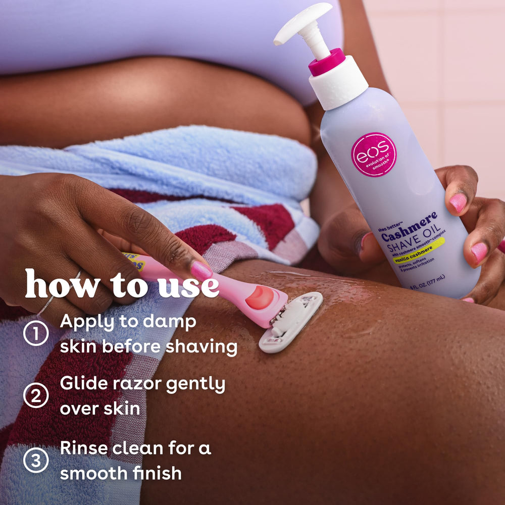 eos shave oil bottle on shower shelf demonstrating in-shower use benefit