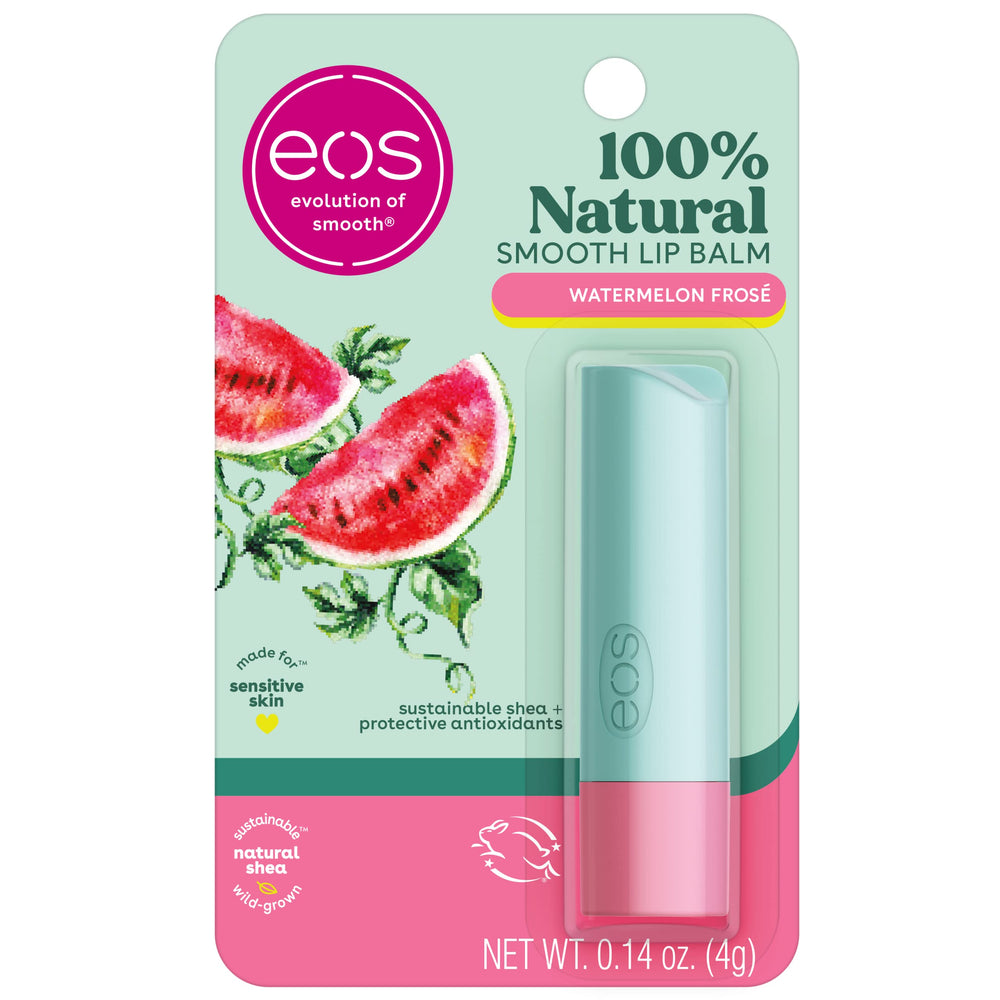 eos Watermelon Frosé lip balm tube close-up signaling all-day moisture for sensitive lips.