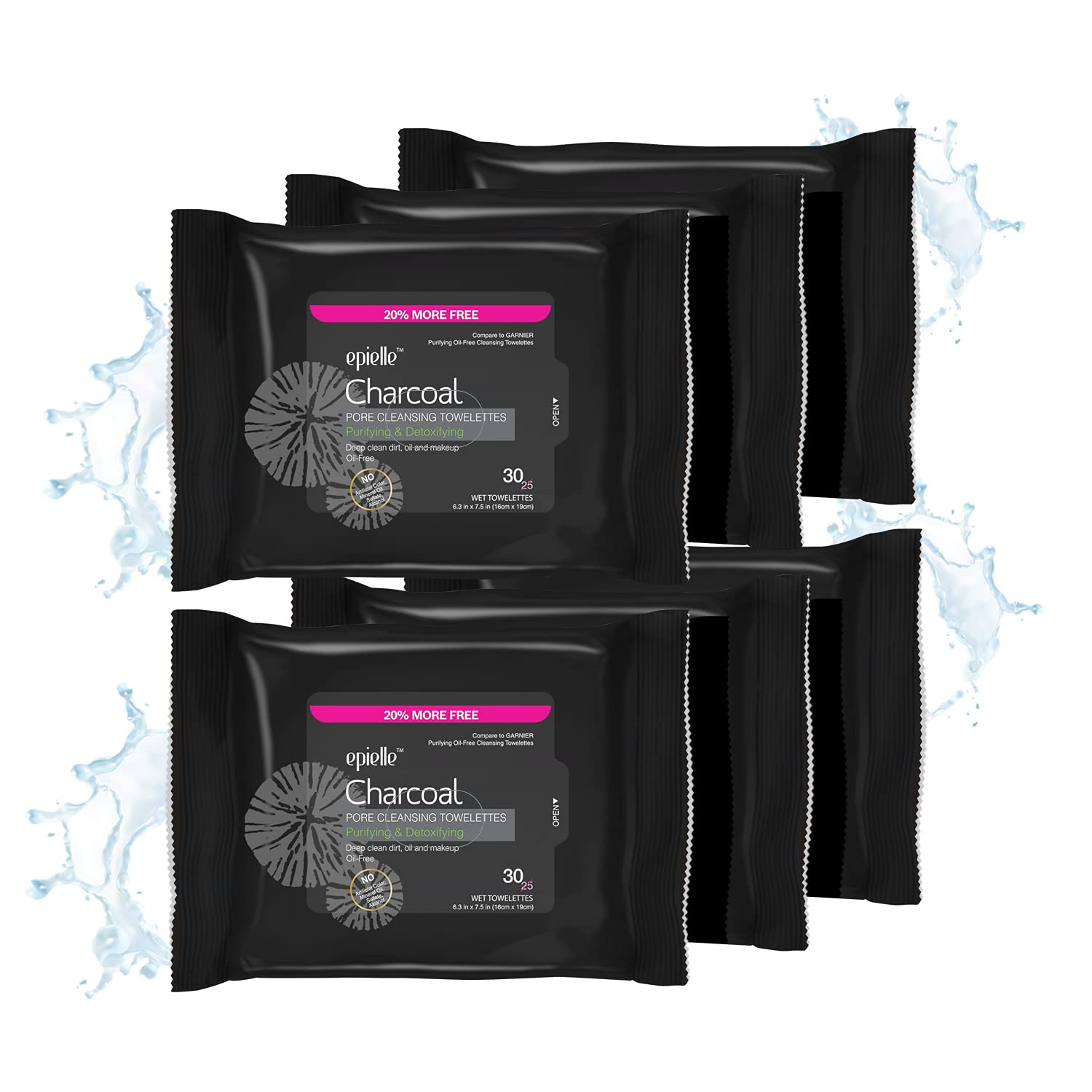 Epielle Charcoal Makeup Remover Wipes pack-front resealable pouch for quick makeup removal.