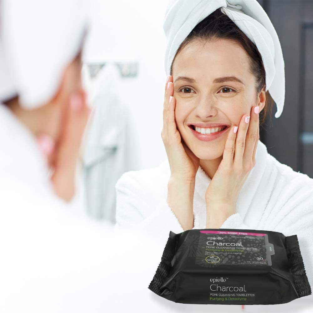 Epielle Charcoal Makeup Remover Wipes pouch-back view shows six-pack box.