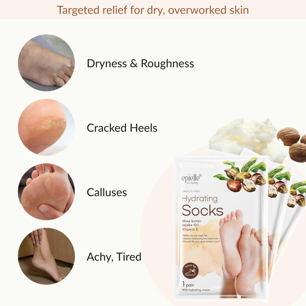 Epielle foot mask with shea butter and jojoba oil nourishes dry, rough patches.