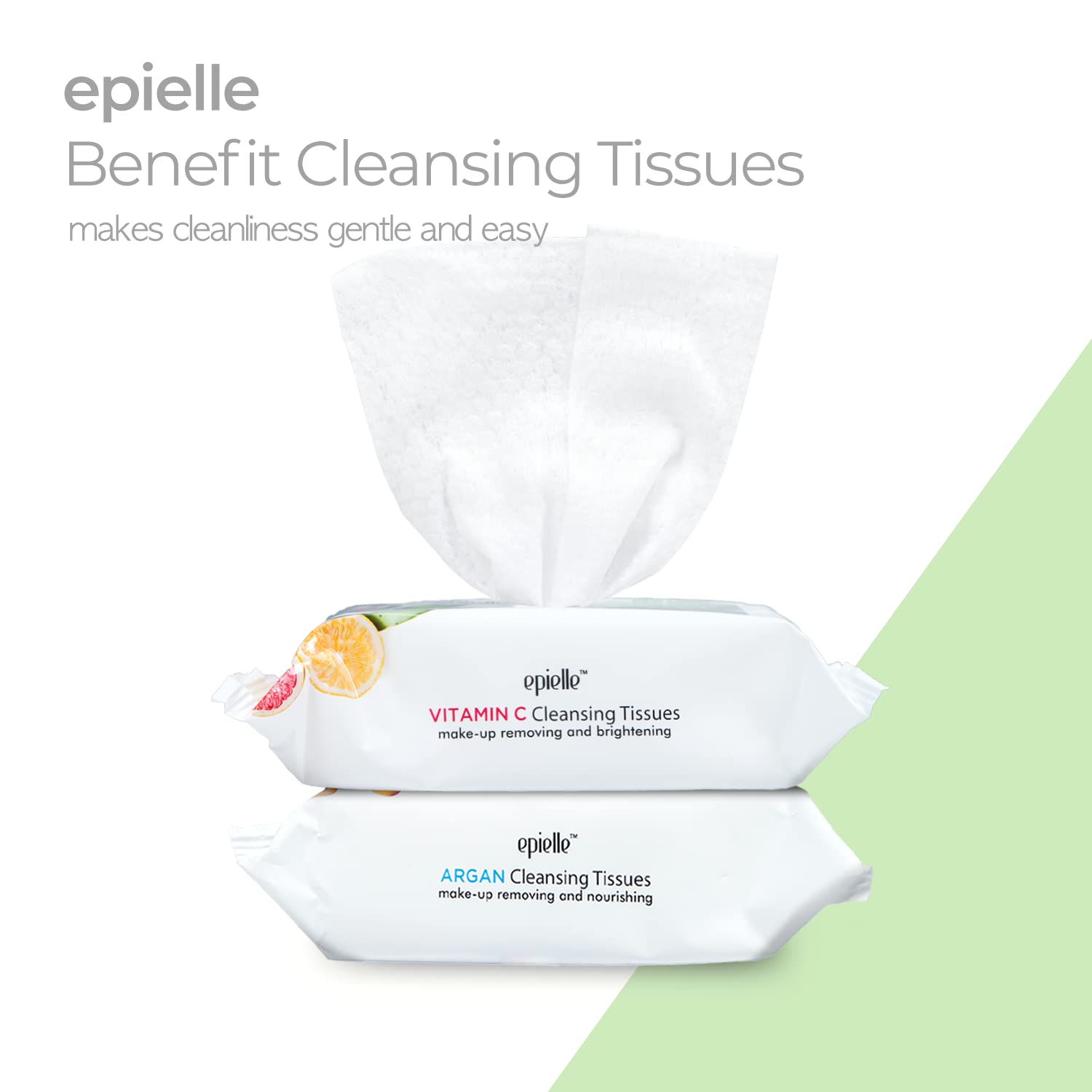 Epielle wipes with Vitamin C focus for refreshed cleansing and skin brightening.
