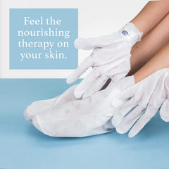 Epielle gloves-on hands-use image suggests convenient at-home spa treatment.