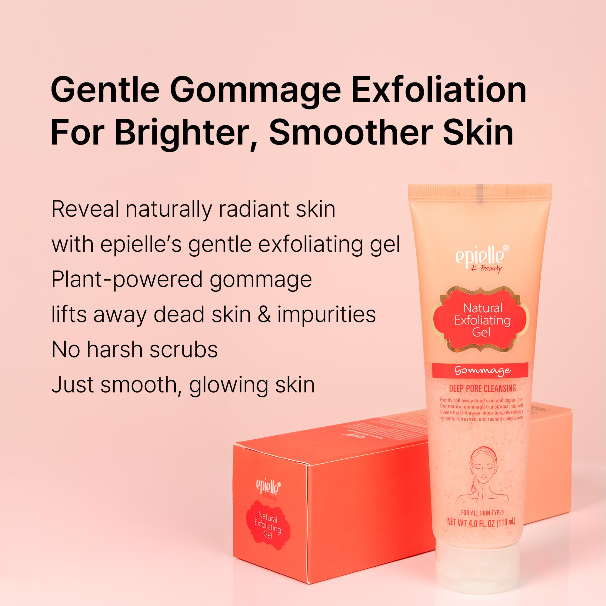 Epielle Gommage Peeling Gel bottle highlights hydration ingredients for healthy glow.