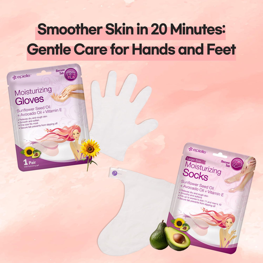 Epielle hand mask with avocado oil and vitamin E softens rough skin.