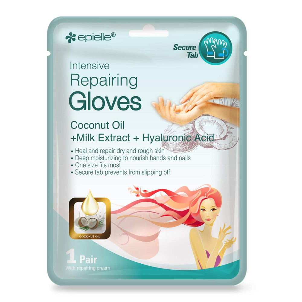 Epielle hand mask gloves on hands showing snug fit for deep moisturization.