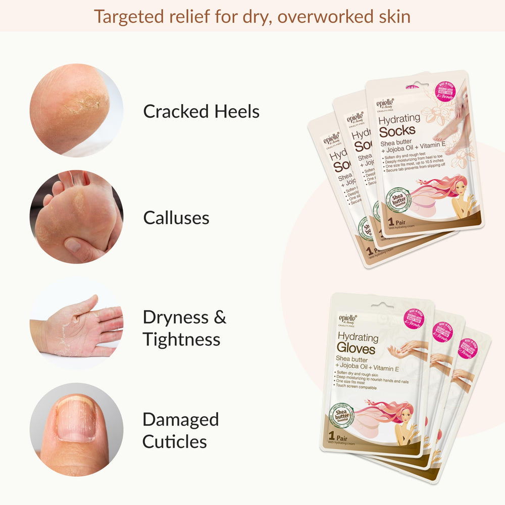 Epielle hand mask gloves on hands delivering silky, hydrated skin