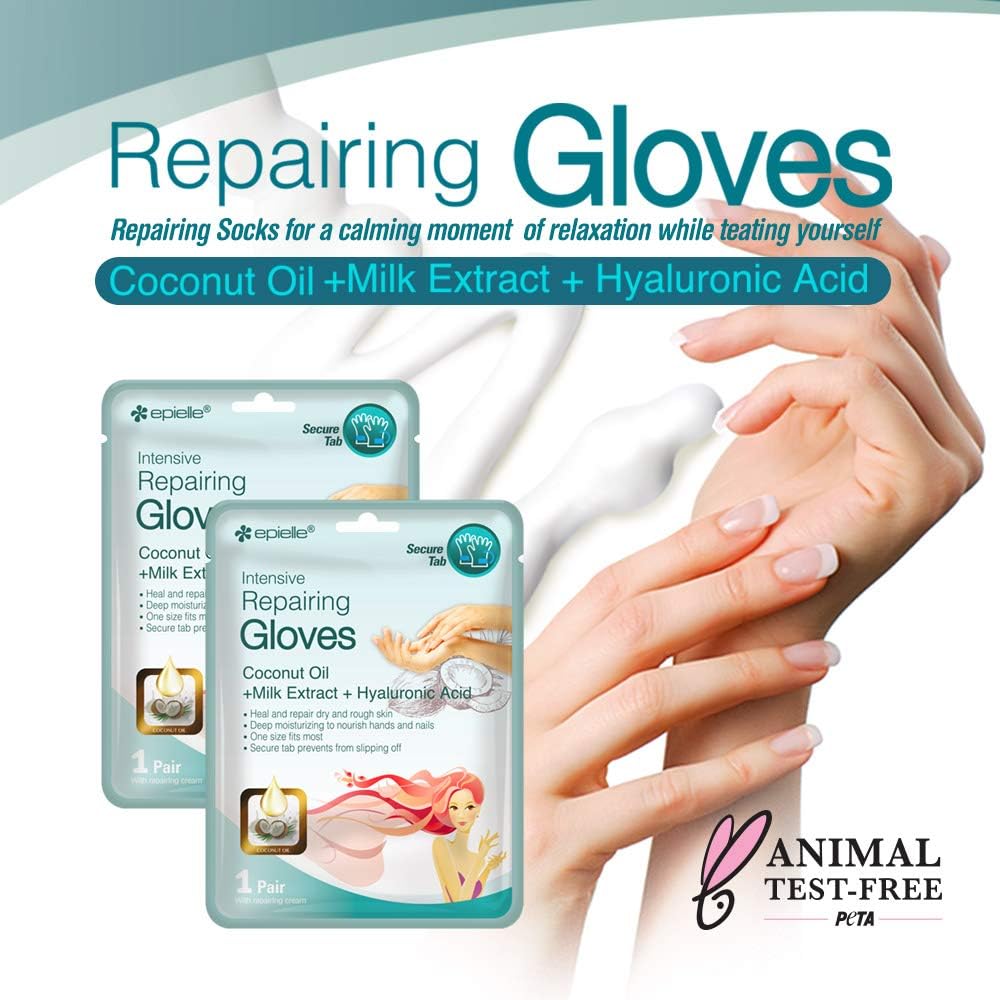 Epielle hand mask moisturizing gloves detail highlights smooth, hydrated skin.