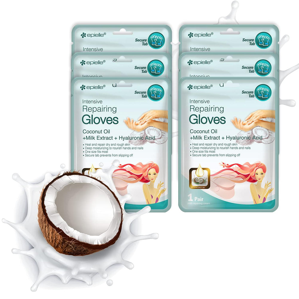 Epielle hand mask packaging with six-pair set for at-home spa sessions.