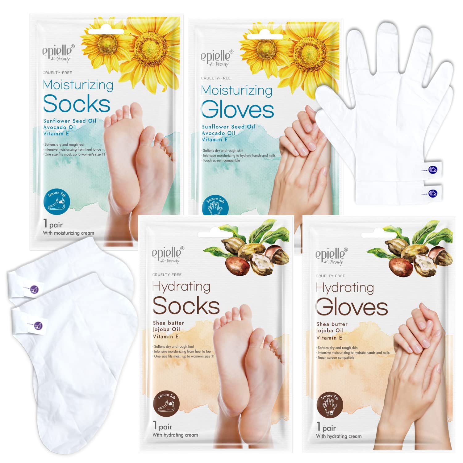 Epielle hand masks gloves closeup highlights hydrating gloves for smoother hands.