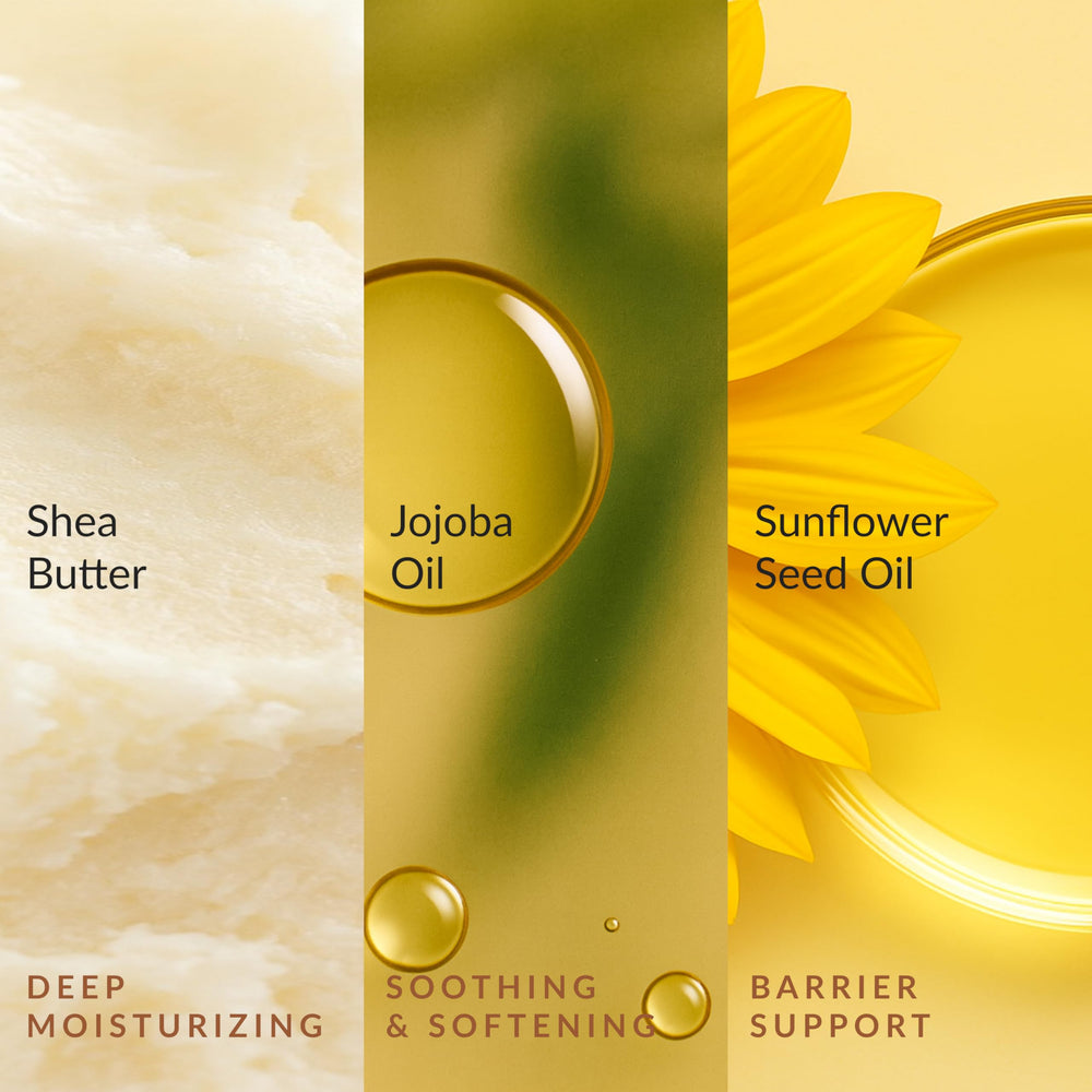 Epielle ingredients close-up highlights shea butter, avocado oil, centella for skin softness.