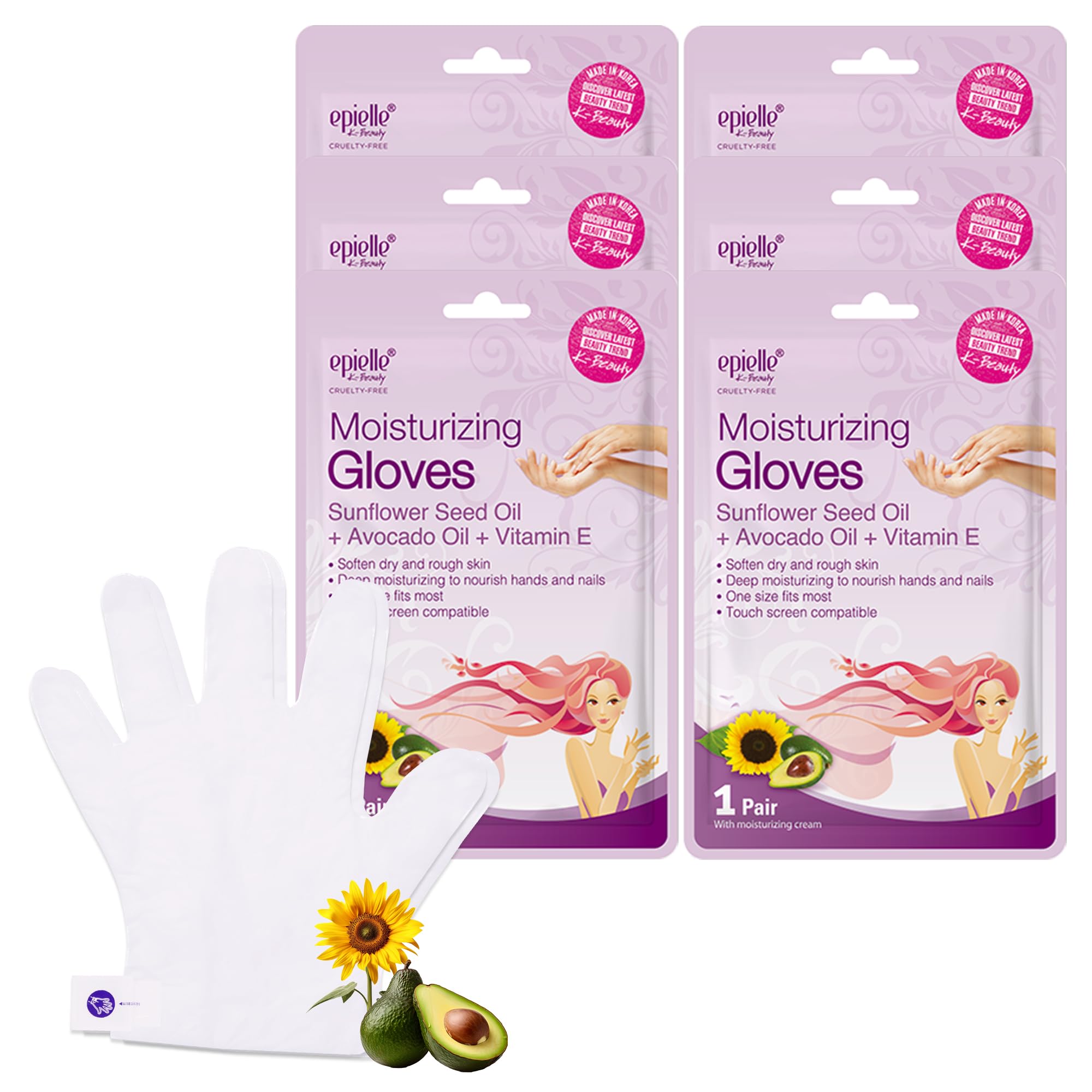 Epielle moisturizing hand mask 6-pair pack ready for an at-home spa routine.