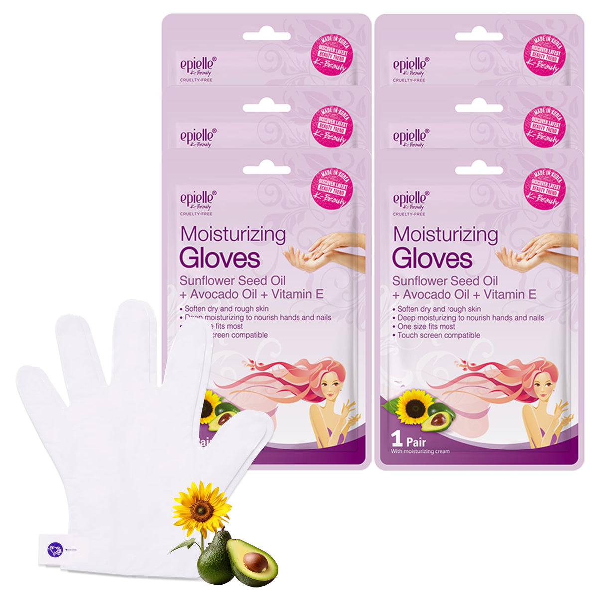 Epielle moisturizing hand mask 6-pair pack ready for an at-home spa routine.