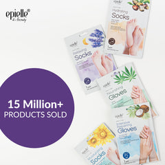 Epielle relaxing foot mask on feet with adhesive tabs securing fit.