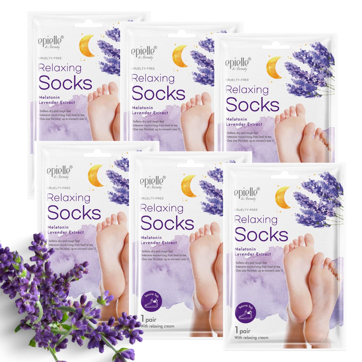 Epielle relaxing foot mask packaging shown for at-home spa treatment.