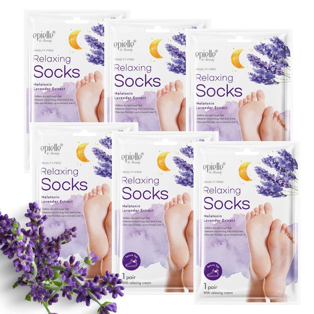 Epielle relaxing foot mask packaging shown for at-home spa treatment.
