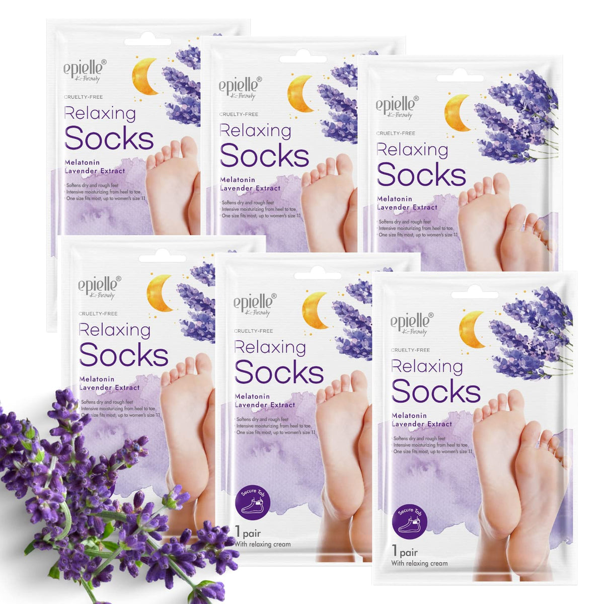 Epielle relaxing foot mask packaging shown for at-home spa treatment.