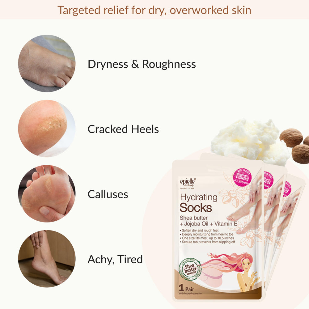Epielle adhesive tabs secure the foot mask during daily activities